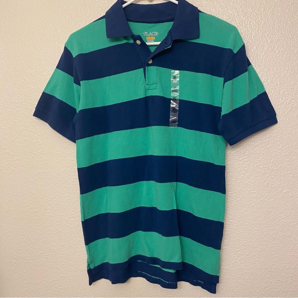Children’s Place green blue stripe short sleeve Polo collar shirt top boys XL 14